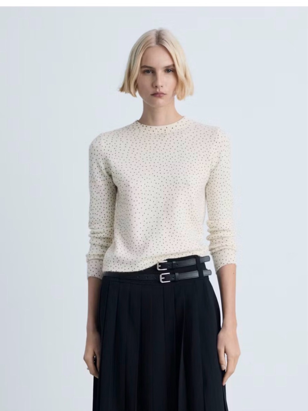 MANGO Cream Polka Dot Knit Sweater XS Soft Lightweight Crew Neck - Picture 2 of 10